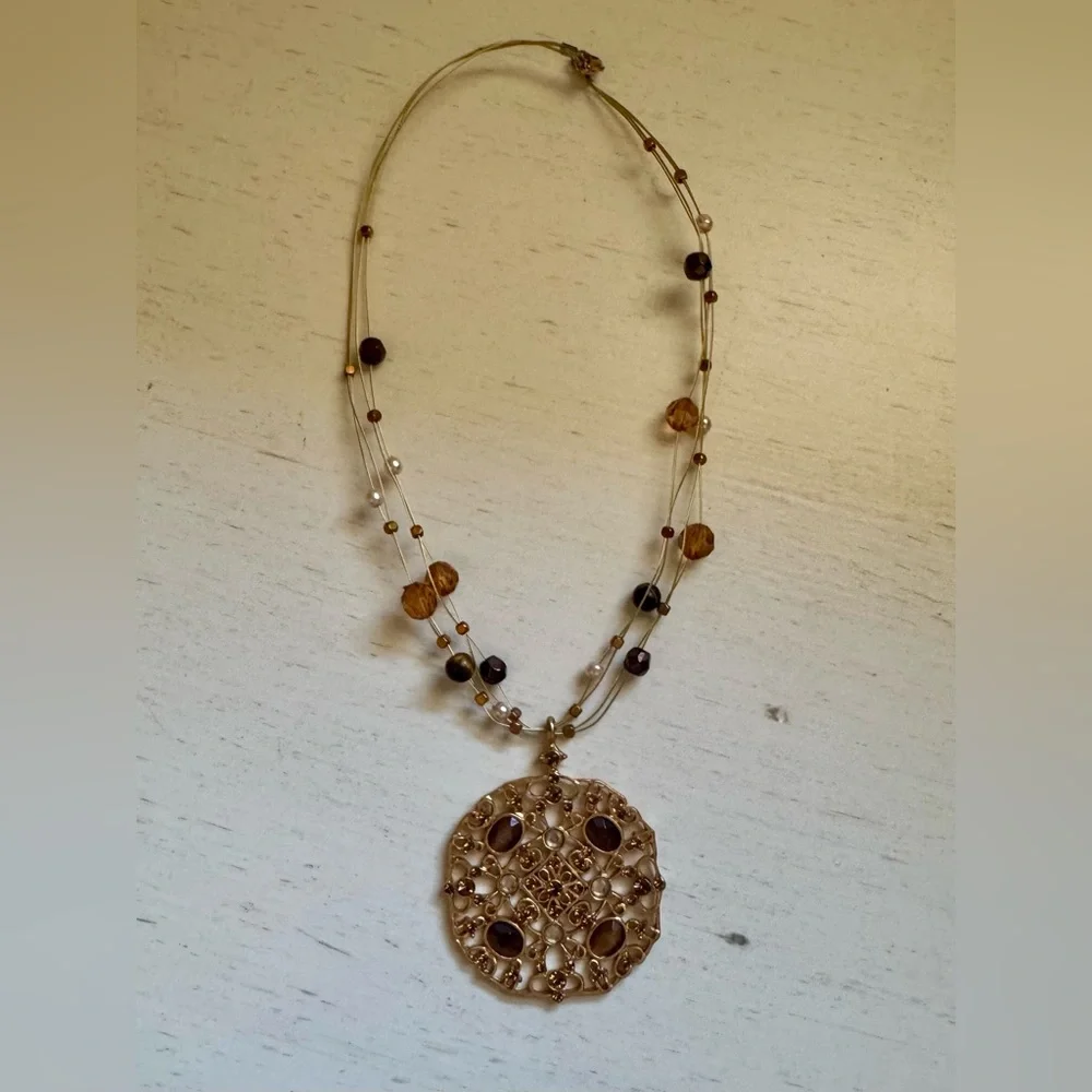 Gold Filigree Medallion Multi-Strand Necklace Boho Chic Statement